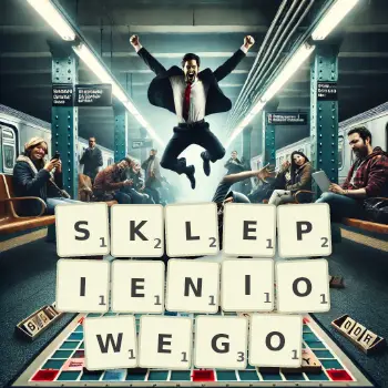 Kreatywna ilustracja do gry w Scrabble ze słowem SKLEPIENIOWEGO ułożonym z płytek na planszy.