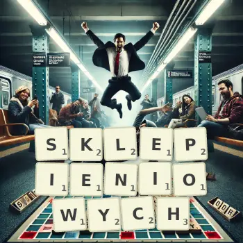 Kreatywna ilustracja do gry w Scrabble ze słowem SKLEPIENIOWYCH ułożonym z płytek na planszy.