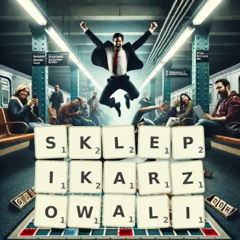 Kreatywna ilustracja do gry w Scrabble ze słowem SKLEPIKARZOWALI ułożonym z płytek na planszy.