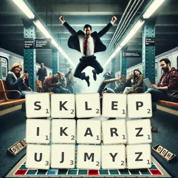 Kreatywna ilustracja do gry w Scrabble ze słowem SKLEPIKARZUJMYZ ułożonym z płytek na planszy.