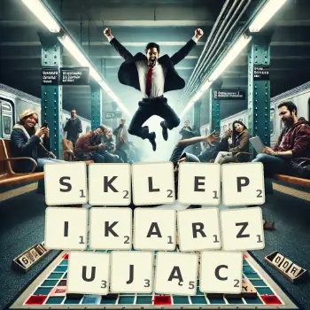 Kreatywna ilustracja do gry w Scrabble ze słowem SKLEPIKARZUJĄC ułożonym z płytek na planszy.