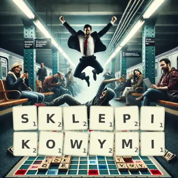 Kreatywna ilustracja do gry w Scrabble ze słowem SKLEPIKOWYMI ułożonym z płytek na planszy.