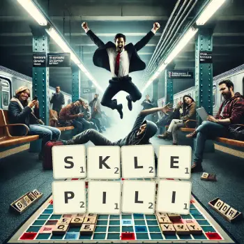 Kreatywna ilustracja do gry w Scrabble ze słowem SKLEPILI ułożonym z płytek na planszy.