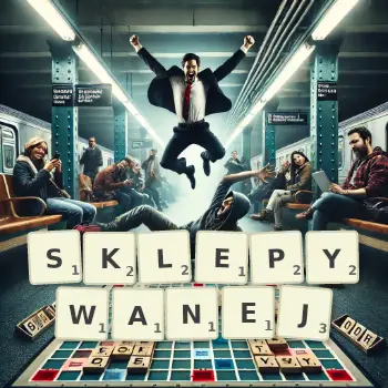 Kreatywna ilustracja do gry w Scrabble ze słowem SKLEPYWANEJ ułożonym z płytek na planszy.