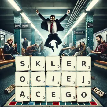 Kreatywna ilustracja do gry w Scrabble ze słowem SKLEROCIEJĄCEGO ułożonym z płytek na planszy.