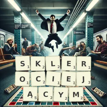 Kreatywna ilustracja do gry w Scrabble ze słowem SKLEROCIEJĄCYM ułożonym z płytek na planszy.