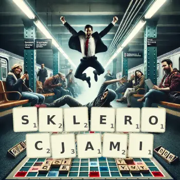 Kreatywna ilustracja do gry w Scrabble ze słowem SKLEROCJAMI ułożonym z płytek na planszy.