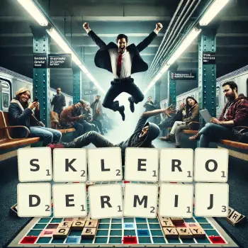 Kreatywna ilustracja do gry w Scrabble ze słowem SKLERODERMIJ ułożonym z płytek na planszy.