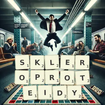 Kreatywna ilustracja do gry w Scrabble ze słowem SKLEROPROTEIDY ułożonym z płytek na planszy.