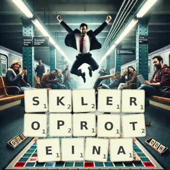 Kreatywna ilustracja do gry w Scrabble ze słowem SKLEROPROTEINA ułożonym z płytek na planszy.