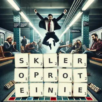 Kreatywna ilustracja do gry w Scrabble ze słowem SKLEROPROTEINIE ułożonym z płytek na planszy.