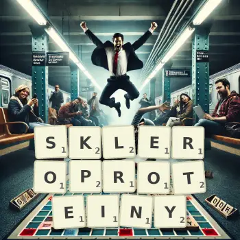 Kreatywna ilustracja do gry w Scrabble ze słowem SKLEROPROTEINY ułożonym z płytek na planszy.