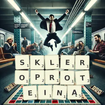 Kreatywna ilustracja do gry w Scrabble ze słowem SKLEROPROTEINĄ ułożonym z płytek na planszy.