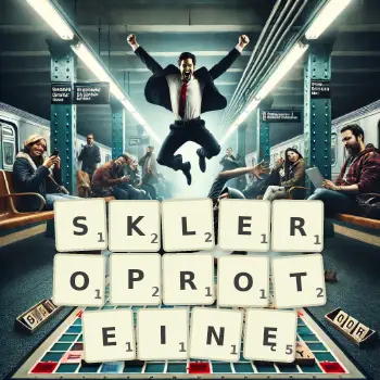 Kreatywna ilustracja do gry w Scrabble ze słowem SKLEROPROTEINĘ ułożonym z płytek na planszy.