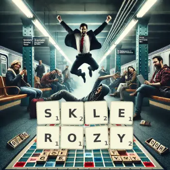 Kreatywna ilustracja do gry w Scrabble ze słowem SKLEROZY ułożonym z płytek na planszy.