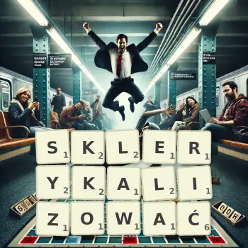 Kreatywna ilustracja do gry w Scrabble ze słowem SKLERYKALIZOWAĆ ułożonym z płytek na planszy.