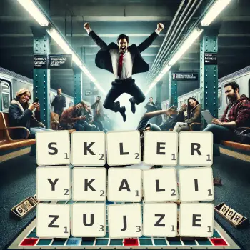 Kreatywna ilustracja do gry w Scrabble ze słowem SKLERYKALIZUJZE ułożonym z płytek na planszy.