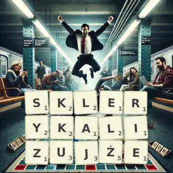 Kreatywna ilustracja do gry w Scrabble ze słowem SKLERYKALIZUJŻE ułożonym z płytek na planszy.