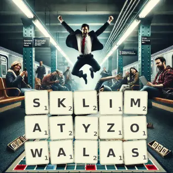 Kreatywna ilustracja do gry w Scrabble ze słowem SKLIMATYZOWALAS ułożonym z płytek na planszy.