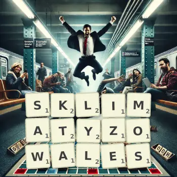 Kreatywna ilustracja do gry w Scrabble ze słowem SKLIMATYZOWALES ułożonym z płytek na planszy.