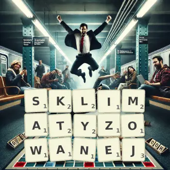 Kreatywna ilustracja do gry w Scrabble ze słowem SKLIMATYZOWANEJ ułożonym z płytek na planszy.