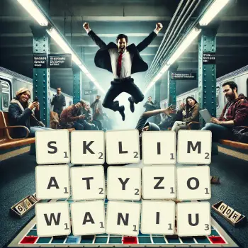 Kreatywna ilustracja do gry w Scrabble ze słowem SKLIMATYZOWANIU ułożonym z płytek na planszy.