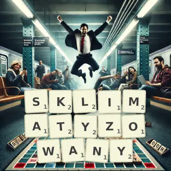 Kreatywna ilustracja do gry w Scrabble ze słowem SKLIMATYZOWANY ułożonym z płytek na planszy.