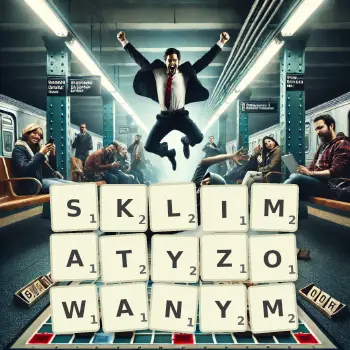 Kreatywna ilustracja do gry w Scrabble ze słowem SKLIMATYZOWANYM ułożonym z płytek na planszy.