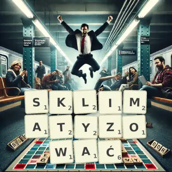 Kreatywna ilustracja do gry w Scrabble ze słowem SKLIMATYZOWAĆ ułożonym z płytek na planszy.