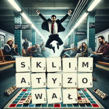 Kreatywna ilustracja do gry w Scrabble ze słowem SKLIMATYZOWAŁ ułożonym z płytek na planszy.