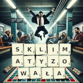 Kreatywna ilustracja do gry w Scrabble ze słowem SKLIMATYZOWAŁA ułożonym z płytek na planszy.