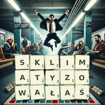 Kreatywna ilustracja do gry w Scrabble ze słowem SKLIMATYZOWAŁAŚ ułożonym z płytek na planszy.