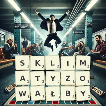 Kreatywna ilustracja do gry w Scrabble ze słowem SKLIMATYZOWAŁBY ułożonym z płytek na planszy.