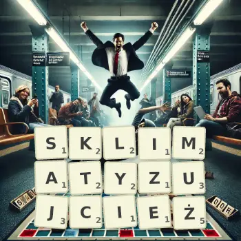 Kreatywna ilustracja do gry w Scrabble ze słowem SKLIMATYZUJCIEŻ ułożonym z płytek na planszy.