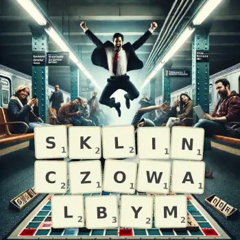Kreatywna ilustracja do gry w Scrabble ze słowem SKLINCZOWALBYM ułożonym z płytek na planszy.