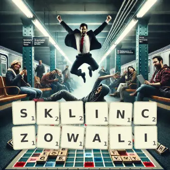 Kreatywna ilustracja do gry w Scrabble ze słowem SKLINCZOWALI ułożonym z płytek na planszy.