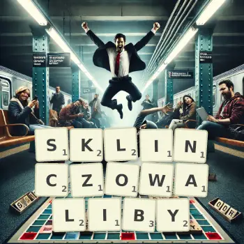 Kreatywna ilustracja do gry w Scrabble ze słowem SKLINCZOWALIBY ułożonym z płytek na planszy.