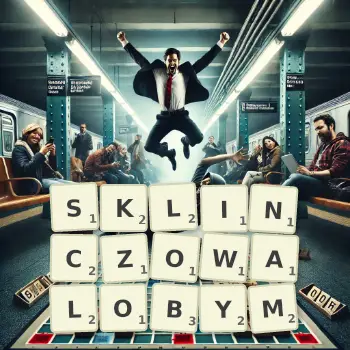 Kreatywna ilustracja do gry w Scrabble ze słowem SKLINCZOWALOBYM ułożonym z płytek na planszy.