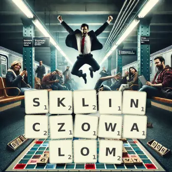 Kreatywna ilustracja do gry w Scrabble ze słowem SKLINCZOWALOM ułożonym z płytek na planszy.