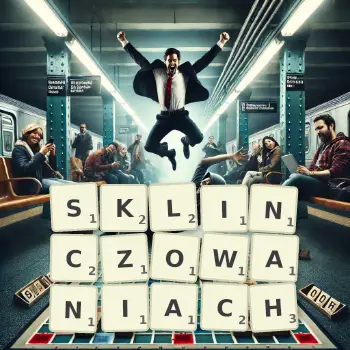 Kreatywna ilustracja do gry w Scrabble ze słowem SKLINCZOWANIACH ułożonym z płytek na planszy.