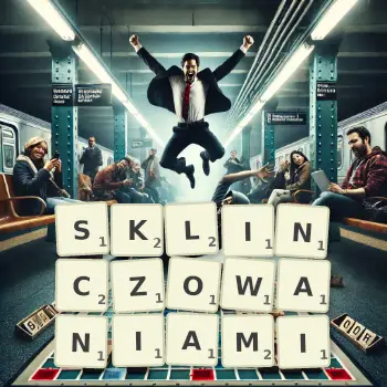 Kreatywna ilustracja do gry w Scrabble ze słowem SKLINCZOWANIAMI ułożonym z płytek na planszy.