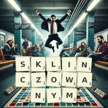 Kreatywna ilustracja do gry w Scrabble ze słowem SKLINCZOWANYM ułożonym z płytek na planszy.