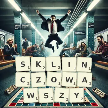 Kreatywna ilustracja do gry w Scrabble ze słowem SKLINCZOWAWSZY ułożonym z płytek na planszy.