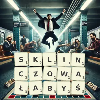 Kreatywna ilustracja do gry w Scrabble ze słowem SKLINCZOWAŁABYŚ ułożonym z płytek na planszy.