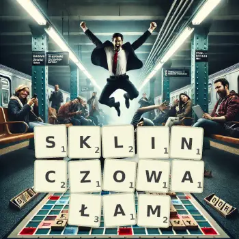 Kreatywna ilustracja do gry w Scrabble ze słowem SKLINCZOWAŁAM ułożonym z płytek na planszy.