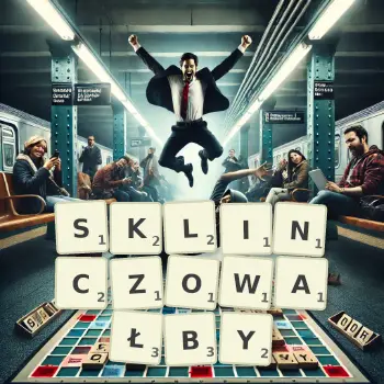 Kreatywna ilustracja do gry w Scrabble ze słowem SKLINCZOWAŁBY ułożonym z płytek na planszy.