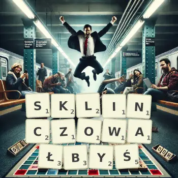 Kreatywna ilustracja do gry w Scrabble ze słowem SKLINCZOWAŁBYŚ ułożonym z płytek na planszy.