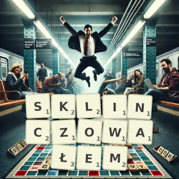 Kreatywna ilustracja do gry w Scrabble ze słowem SKLINCZOWAŁEM ułożonym z płytek na planszy.