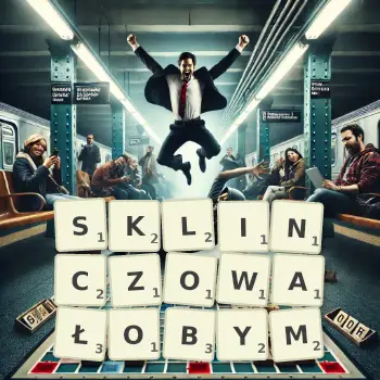 Kreatywna ilustracja do gry w Scrabble ze słowem SKLINCZOWAŁOBYM ułożonym z płytek na planszy.
