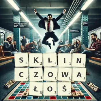 Kreatywna ilustracja do gry w Scrabble ze słowem SKLINCZOWAŁOŚ ułożonym z płytek na planszy.